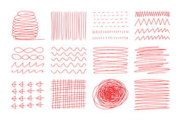 Collection of Red Hand-Drawn Line Patterns and Scribbles