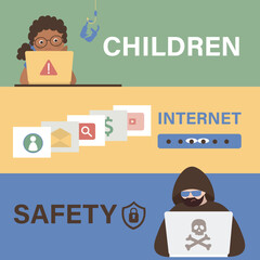 Three horizontal banners on topics of internet security, cyber attacks, and parental control. Kid girl uses laptop. Account hacking, scam