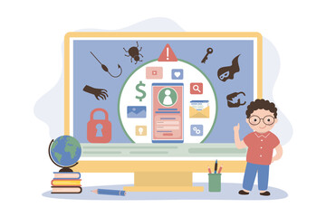 Kids internet control. Safe internet surfing for kids concept. Parental control. Protection from virus attacks, bugs, scam. Stop cyber crime.