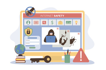 Child's computer was hacked via the Internet. Account hacking, scam, online theft of passwords and information. Antivirus and parental control help prevent cyber crime.