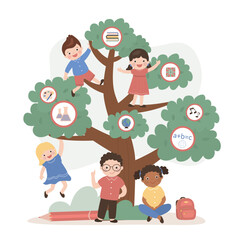 Education infographic - education tree, cute children and elements. Tree of knowledge, learning process, kids students. School subjects and various multi ethnic students