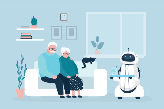 Home robot assistant brought glass of water to the elderly people. New technologies are helping aged love couple. Cute cyborg helps with housework,