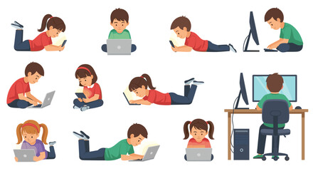 Diverse group of children engrossed in digital devices, including smartphones, laptops, tablets, and desktop computers, illustrating themes of technology addiction and modern childhood engagement