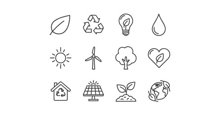 Set of clean line art ecology and nature icons on a white background, including a leaf, recycling symbol, lightbulb, water drop, sun, wind turbine, tree, heart with leaf, house with recycling symbol