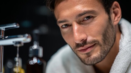 Refreshing skincare routine for men at spa close-up model face wellness environment relaxing concept