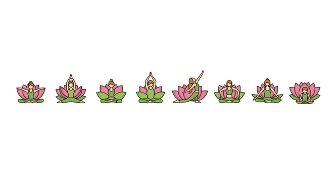 A collection of eight stylized vector cartoon illustrations depicting individuals performing various yoga poses, each seated within a vibrant pink and green lotus flower, set against a clean white