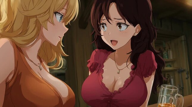 Animation of Anime Big Chest Woman Drinking Alcohol and Getting Tipsy at Night Bar Holding Glass of Wine