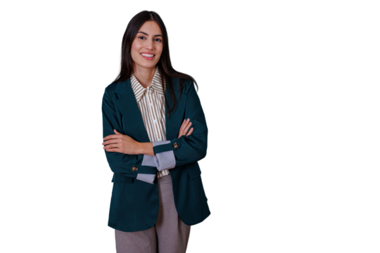 Young businesswoman with dark hair and a professional blazer standing with arms crossed, smiling at camera on transparent background