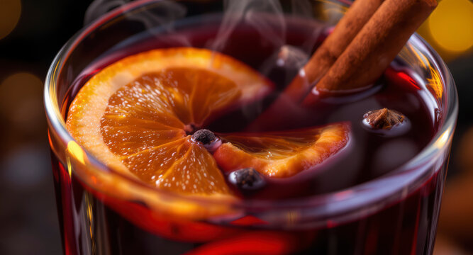 Slices of oranges with spices being simmered in a pot for a warm aromatic drink