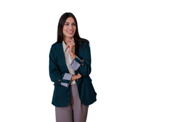 Professional businesswoman thinking and smiling, expressing ideas and decisions with a confident look on transparent background