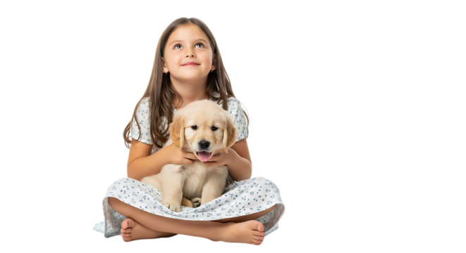 Happy little girl hugging her golden retriever puppy isolated on transparent background