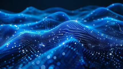 Abstract glowing blue landscape with data points and wave like formations seen close