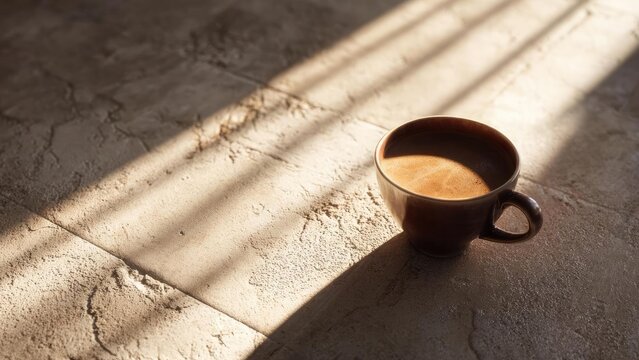 Brown coffee cup resting on a dusty concrete floor, warm sunlight flooding in with diagonal shadows. Concept Brown coffee cup, Dusty concrete floor, Warm sunlight, Diagonal shadows