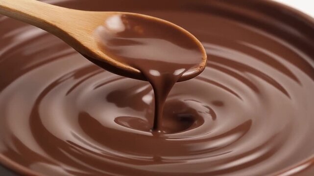 Close-up macro de chocolate derretido escorrendo de uma colher de pau em uma tigela