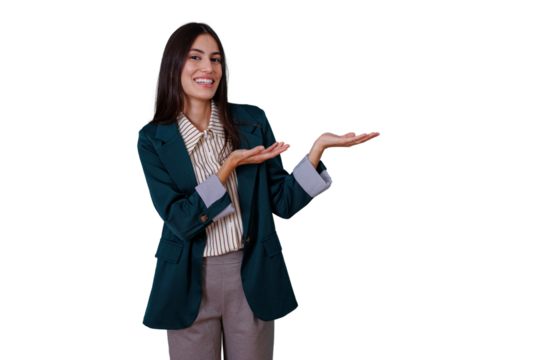 Young businesswoman showing concept, comparing options, or offering solution, inviting interaction with open palms