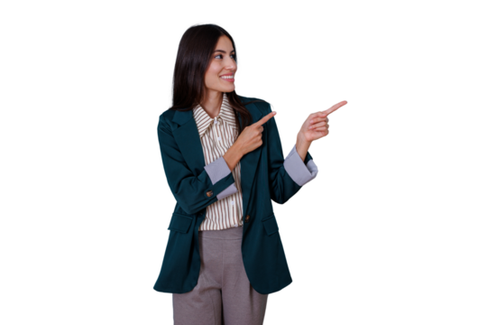 Businesswoman smiling and pointing to the side, confidently presenting new ideas or options, transparent background