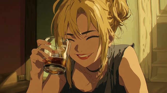 Animation of Anime Big Chest Woman Drinking Alcohol and Getting Tipsy at Night Bar Holding Glass of Wine