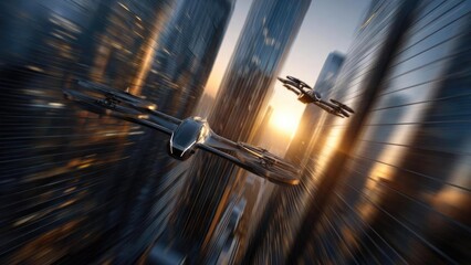 Two futuristic flying vehicles glide through a canyon of tall glass skyscrapers at sunset. Concept Futuristic flying vehicles, Glass skyscraper canyon, Sunset cityscape reflections
