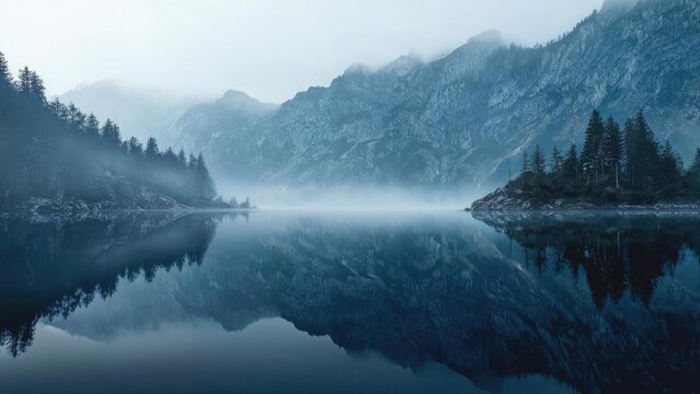 A misty alpine lake surrounded by rugged mountains and pine trees, with a perfect reflection on the still water. Concept Misty alpine lake, Rugged mountain backdrop, Pine trees and reflections - Powered by Adobe