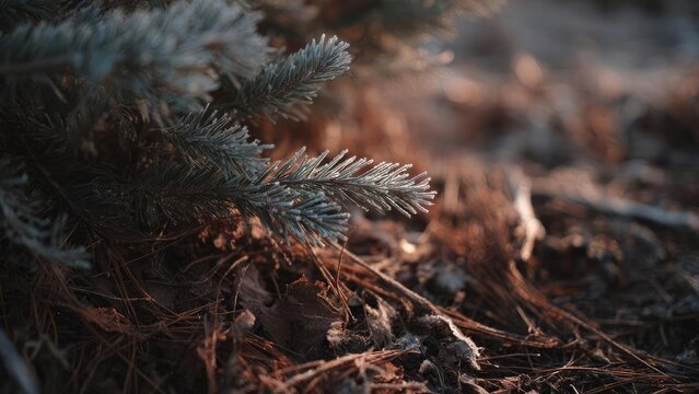 Frosty pine needles on a low branch against a sunlit forest floor. Concept Frosty pine needles, Low branch, Sunlit forest floor, Winter forest photography, Nature close-up