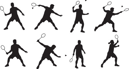 Dynamic silhouettes showcasing the diverse and agile movements of badminton players engaged in powerful strokes and game actions, ideal for sports-themed designs and athletic visual concepts