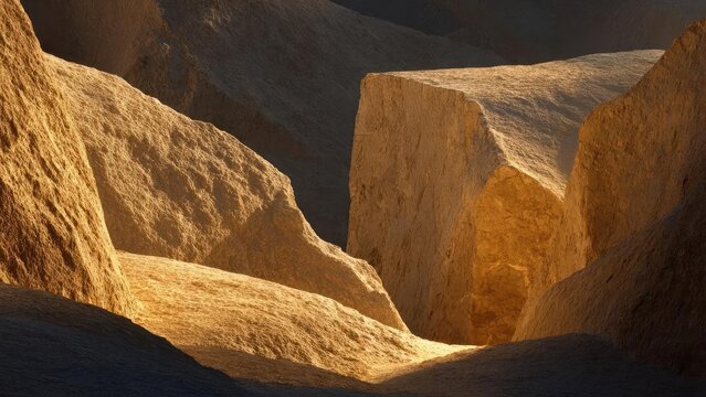 Golden sandstone canyon lit by warm sunlight, with towering blocky rock walls and smooth, sculpted shapes. Concept Golden sandstone canyon, Warm sunlight glow, Blocky rock formations
