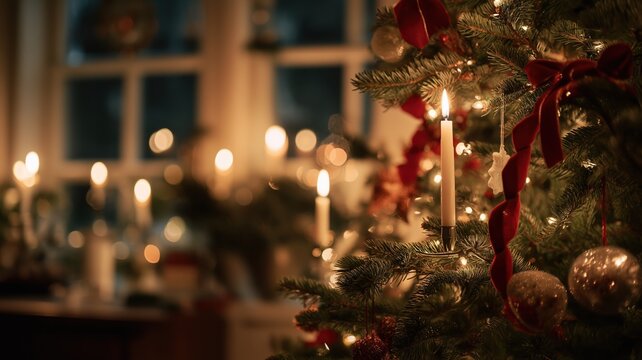Christmas tree branch decorated with burning white candle and red ribbon in traditional festive home interior