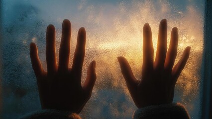 Two silhouetted hands pressed against a frosted window, backlit by a warm sunset glow. Concept Silhouetted hands on a frosted window, warm sunset backlight, intimate atmospheric portrait
