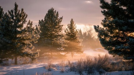 Snowy winter forest with tall pine trees, low mist, and golden sunrise light filtering through. Concept Snowy Forest, Pine Trees, Misty Landscape, Golden Sunrise, Winter Light