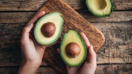 Two avocado halves with large brown pits held in hands over a rustic wooden cutting board. Concept Avocado halves, Rustic wooden cutting board, Food photography, Fresh produce, Hands holding avocados