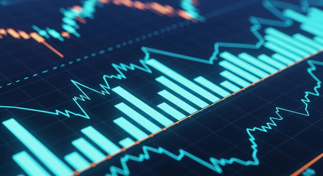 Abstract Financial Data Visualization with Blue and Orange Graphs on Dark Background