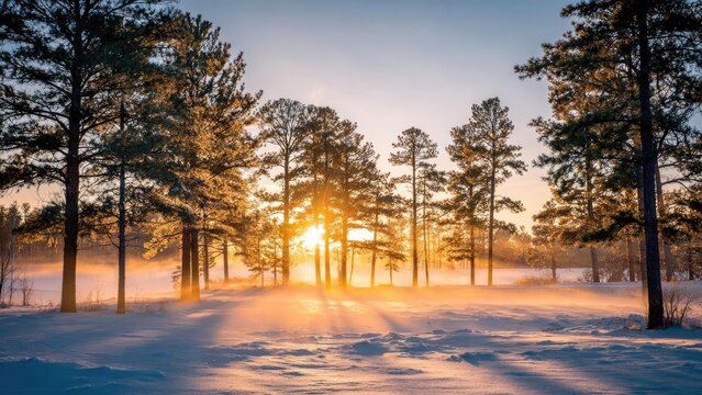Sunrise over a snow-covered pine forest, warm golden light piercing through trees as mist rises from the snow. Concept Winter sunrise, Snowy pine forest, Golden hour light, Misty forest atmosphere