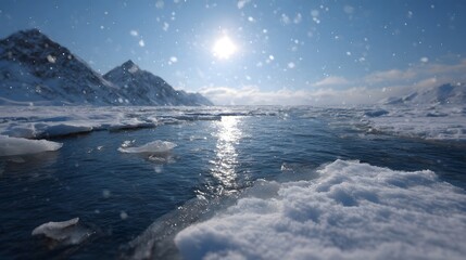 Obraz premium Bright sun illuminates a dramatic Arctic winter landscape with snow capped mountains icy water and falling snow