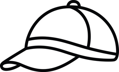 Minimalist baseball cap illustration, black outline vector, simple sports hat icon, curved brim design, casual fashion accessory, isolated graphic element