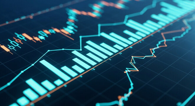 Digital Stock Market Trading Chart with Candlesticks and Bar Graph on Dark Background