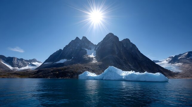 A brilliant sun shines over a majestic glacial iceberg floating in a calm cold arctic sea beneath jagged snow capped mountains
