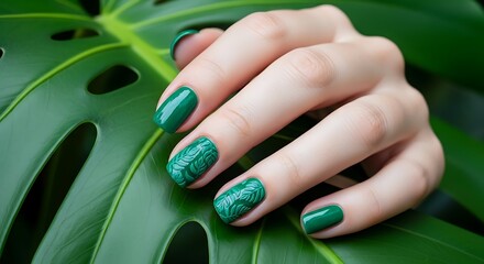 Stylish Green Manicure with Leaf Texture Design