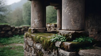 Fototapeta premium Ancient moss covered stone ruins featuring pillars in a natural setting
