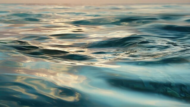 Close-up of the ocean surface with gentle waves and golden sunset reflections. Concept Ocean close-up, Golden sunset reflections, Gentle waves at dusk, Seascape textures, Golden hour seascape