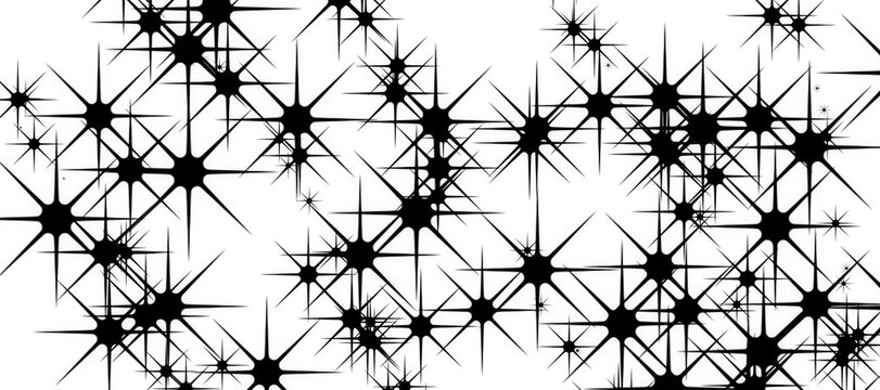 A series of abstract stars is arranged against a black background, creating a pattern. Each star radiates