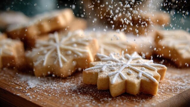 Star-shaped cookies decorated with white icing, dusted with powdered sugar on a wooden board. Concept Star-shaped cookies, White icing detailing, Powdered sugar dusting, Rustic wooden board