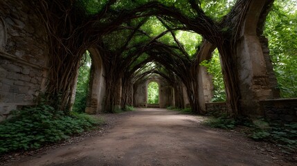 Fototapeta premium Ancient vine covered ruins with a pathway leading through overgrown arches