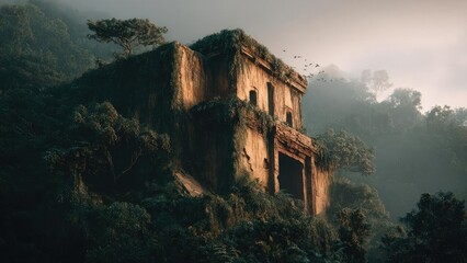 An old, ivy-covered ruin in a dense jungle, bathed in warm light with birds flying in the distance. Concept Ivy-covered ruins, Dense jungle light, Warm golden backlight, Birds in distance
