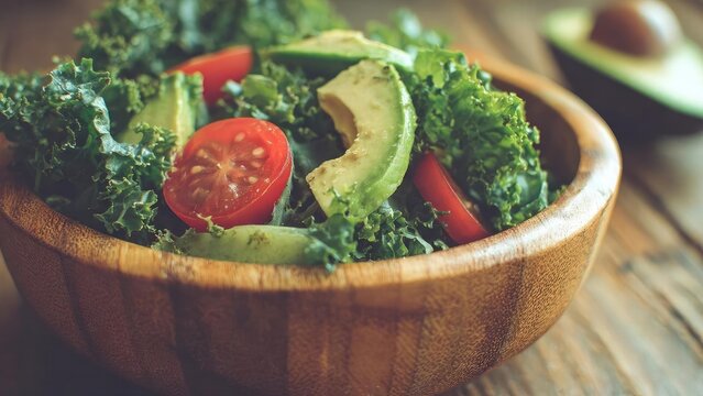 Kale salad with cherry tomatoes and avocado slices in a wooden bowl. Concept Kale salad, Cherry tomatoes, Avocado slices, Wooden bowl presentation, Healthy bowl - Powered by Adobe