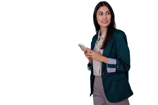 Businesswoman standing and holding her smartphone, smiling and looking away. Communicating and networking with technology. Transparent background