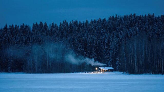 Snowy night landscape with a smoke-spewing cabin by a frozen lake, warm light inside