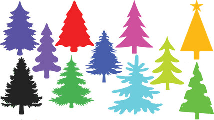set of colorful christmas pine trees vector design icon style illustrator art. Colorful winter trees bundle for holiday xmas and new year.