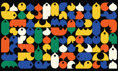 Dynamic Abstract Pattern Featuring a Whimsical Assortment of Colorful Organic Shapes, Creating a Playful and Modern Design Composition on a Deep Black Canvas