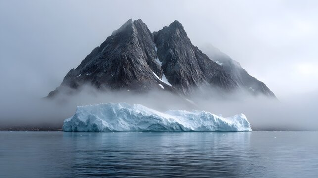 A majestic iceberg floats in calm cold waters with mist swirling around dramatic jagged mountain peaks - Powered by Adobe