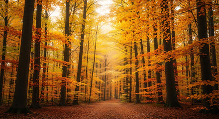 Autumn Forest Background With Warm Golden Foliage And Soft Light